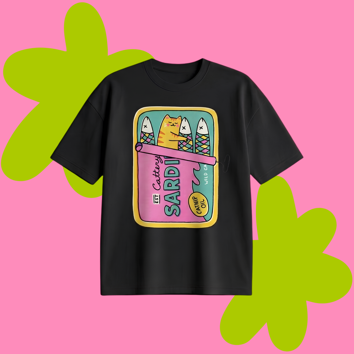 Cat Sardines Baskılı Oversize Tişört