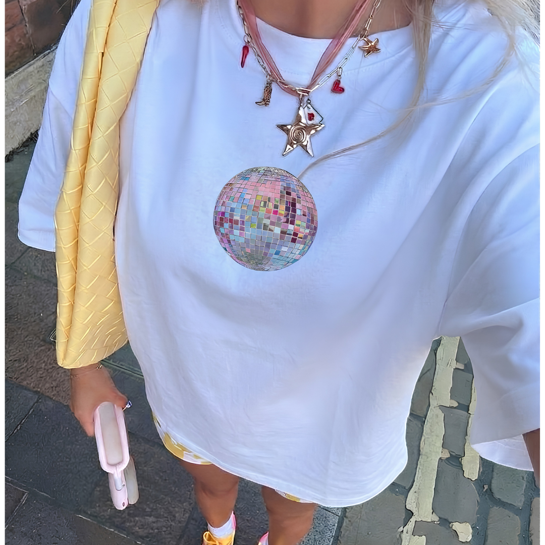 Pink Disco Baskılı Oversize Tişört