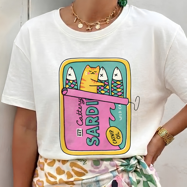 Cat Sardines Baskılı Oversize Tişört