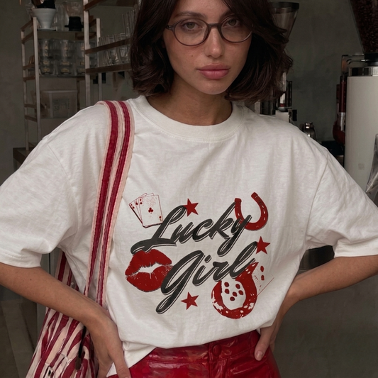Lucky Girl Baskılı Oversize Tişört