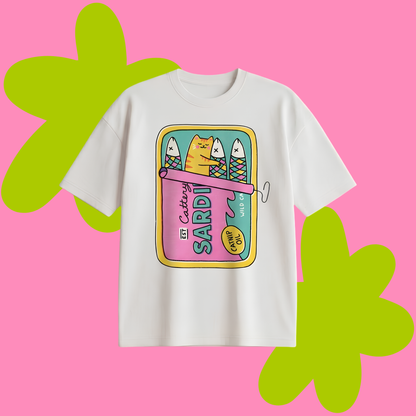 Cat Sardines Baskılı Oversize Tişört