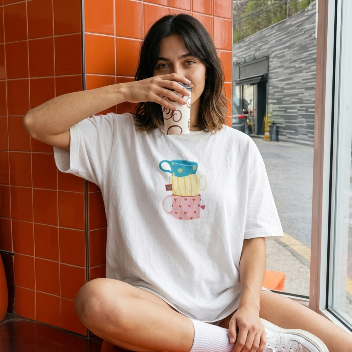 Cups Baskılı Oversize Tişört
