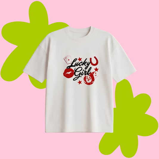 Lucky Girl Baskılı Oversize Tişört