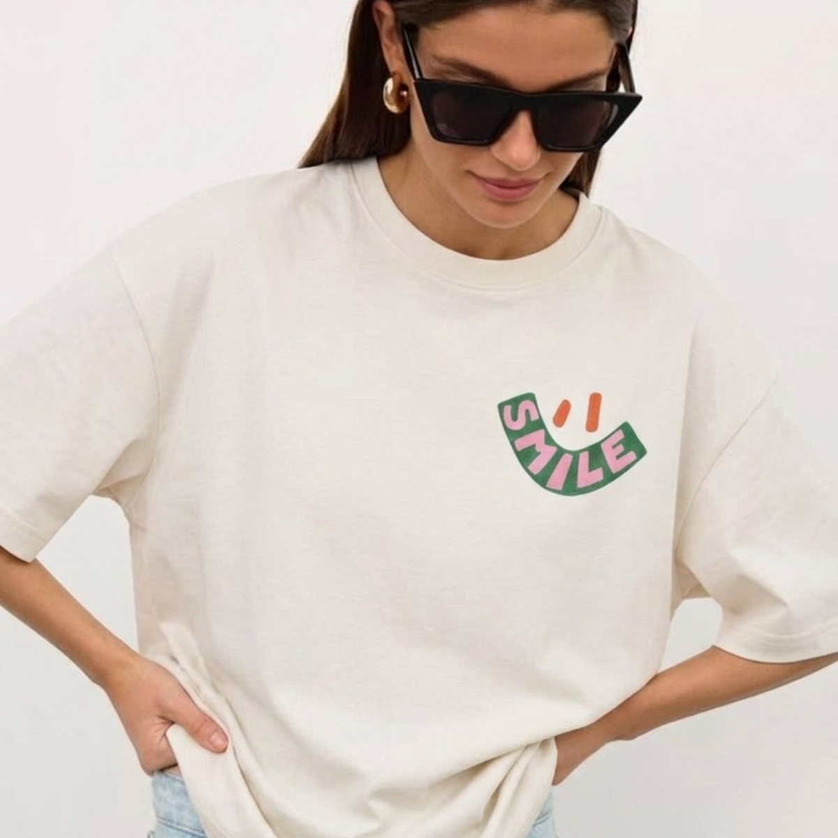 Smile Baskılı Oversize Tişört